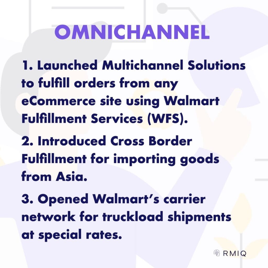1. Launched Multichannel Solutions to fulfill orders from any eCommerce site using Walmart Fulfillment Services (WFS). 
2. Introduced Cross Border Fulfillment for importing goods from Asia. 
3. Opened Walmart’s carrier network for truckload shipments at special rates.